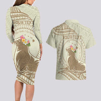 Personalised Hawaii Monk Seal Couples Matching Long Sleeve Bodycon Dress and Hawaiian Shirt Polynesian Tattoo With Tropical Flowers - Beige Pastel