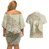 Personalised Hawaii Monk Seal Couples Matching Off Shoulder Short Dress and Hawaiian Shirt Polynesian Tattoo With Tropical Flowers - Beige Pastel LT14 - Polynesian Pride