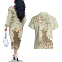 Personalised Hawaii Monk Seal Couples Matching Off The Shoulder Long Sleeve Dress and Hawaiian Shirt Polynesian Tattoo With Tropical Flowers - Beige Pastel LT14 - Polynesian Pride