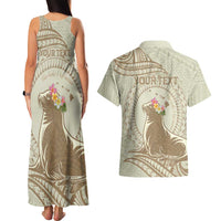Personalised Hawaii Monk Seal Couples Matching Tank Maxi Dress and Hawaiian Shirt Polynesian Tattoo With Tropical Flowers - Beige Pastel LT14 - Polynesian Pride