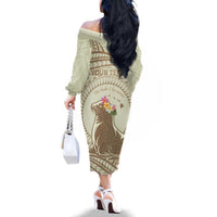 Personalised Hawaii Monk Seal Family Matching Off The Shoulder Long Sleeve Dress and Hawaiian Shirt Polynesian Tattoo With Tropical Flowers - Beige Pastel LT14 - Polynesian Pride