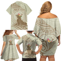 Personalised Hawaii Monk Seal Family Matching Off Shoulder Short Dress and Hawaiian Shirt Polynesian Tattoo With Tropical Flowers - Beige Pastel LT14 - Polynesian Pride