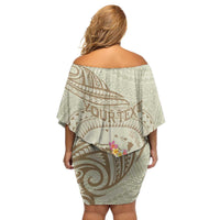 Personalised Hawaii Monk Seal Family Matching Off Shoulder Short Dress and Hawaiian Shirt Polynesian Tattoo With Tropical Flowers - Beige Pastel LT14 - Polynesian Pride