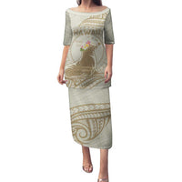 Personalised Hawaii Monk Seal Family Matching Puletasi and Hawaiian Shirt Polynesian Tattoo With Tropical Flowers - Beige Pastel LT14 Mom's Dress Beige - Polynesian Pride