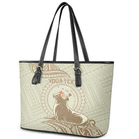 Personalised Hawaii Monk Seal Leather Tote Bag Polynesian Tattoo With Tropical Flowers - Beige Pastel