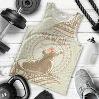 Personalised Hawaii Monk Seal Men Tank Top Polynesian Tattoo With Tropical Flowers - Beige Pastel