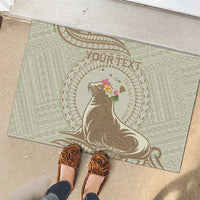 Personalised Hawaii Monk Seal Rubber Doormat Polynesian Tattoo With Tropical Flowers - Beige Pastel