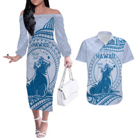 Personalised Hawaii Monk Seal Couples Matching Off The Shoulder Long Sleeve Dress and Hawaiian Shirt Polynesian Tattoo With Tropical Flowers - Blue Pastel LT14 Blue - Polynesian Pride