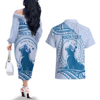 Personalised Hawaii Monk Seal Couples Matching Off The Shoulder Long Sleeve Dress and Hawaiian Shirt Polynesian Tattoo With Tropical Flowers - Blue Pastel LT14 - Polynesian Pride