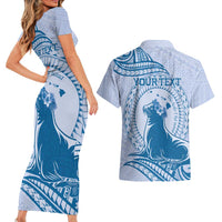 Personalised Hawaii Monk Seal Couples Matching Short Sleeve Bodycon Dress and Hawaiian Shirt Polynesian Tattoo With Tropical Flowers - Blue Pastel LT14 - Polynesian Pride