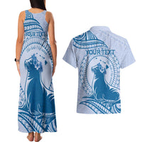 Personalised Hawaii Monk Seal Couples Matching Tank Maxi Dress and Hawaiian Shirt Polynesian Tattoo With Tropical Flowers - Blue Pastel LT14 - Polynesian Pride