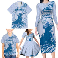 Personalised Hawaii Monk Seal Family Matching Long Sleeve Bodycon Dress and Hawaiian Shirt Polynesian Tattoo With Tropical Flowers - Blue Pastel