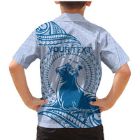 Personalised Hawaii Monk Seal Family Matching Mermaid Dress and Hawaiian Shirt Polynesian Tattoo With Tropical Flowers - Blue Pastel LT14 - Polynesian Pride