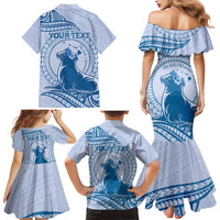 Personalised Hawaii Monk Seal Family Matching Mermaid Dress and Hawaiian Shirt Polynesian Tattoo With Tropical Flowers - Blue Pastel LT14 - Polynesian Pride