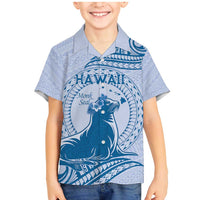 Personalised Hawaii Monk Seal Family Matching Mermaid Dress and Hawaiian Shirt Polynesian Tattoo With Tropical Flowers - Blue Pastel LT14 Son's Shirt Blue - Polynesian Pride