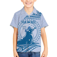 Personalised Hawaii Monk Seal Family Matching Summer Maxi Dress and Hawaiian Shirt Polynesian Tattoo With Tropical Flowers - Blue Pastel LT14 Son's Shirt Blue - Polynesian Pride