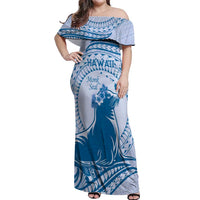 Personalised Hawaii Monk Seal Off Shoulder Maxi Dress Polynesian Tattoo With Tropical Flowers - Blue Pastel
