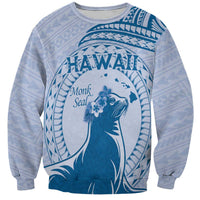 Personalised Hawaii Monk Seal Sweatshirt Polynesian Tattoo With Tropical Flowers - Blue Pastel