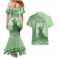 Personalised Hawaii Monk Seal Couples Matching Mermaid Dress and Hawaiian Shirt Polynesian Tattoo With Tropical Flowers - Green Pastel LT14 - Polynesian Pride
