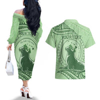 Personalised Hawaii Monk Seal Couples Matching Off The Shoulder Long Sleeve Dress and Hawaiian Shirt Polynesian Tattoo With Tropical Flowers - Green Pastel LT14 - Polynesian Pride