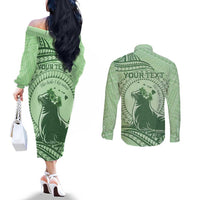 Personalised Hawaii Monk Seal Couples Matching Off The Shoulder Long Sleeve Dress and Long Sleeve Button Shirt Polynesian Tattoo With Tropical Flowers - Green Pastel
