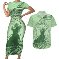 Personalised Hawaii Monk Seal Couples Matching Short Sleeve Bodycon Dress and Hawaiian Shirt Polynesian Tattoo With Tropical Flowers - Green Pastel LT14 Green - Polynesian Pride