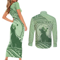 Personalised Hawaii Monk Seal Couples Matching Short Sleeve Bodycon Dress and Long Sleeve Button Shirt Polynesian Tattoo With Tropical Flowers - Green Pastel