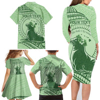 Personalised Hawaii Monk Seal Family Matching Long Sleeve Bodycon Dress and Hawaiian Shirt Polynesian Tattoo With Tropical Flowers - Green Pastel LT14 - Polynesian Pride