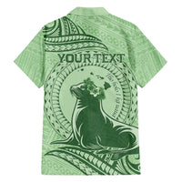 Personalised Hawaii Monk Seal Family Matching Long Sleeve Bodycon Dress and Hawaiian Shirt Polynesian Tattoo With Tropical Flowers - Green Pastel LT14 - Polynesian Pride