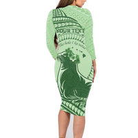 Personalised Hawaii Monk Seal Family Matching Long Sleeve Bodycon Dress and Hawaiian Shirt Polynesian Tattoo With Tropical Flowers - Green Pastel LT14 - Polynesian Pride