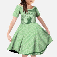 Personalised Hawaii Monk Seal Family Matching Mermaid Dress and Hawaiian Shirt Polynesian Tattoo With Tropical Flowers - Green Pastel LT14 Daughter's Dress Green - Polynesian Pride