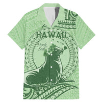 Personalised Hawaii Monk Seal Family Matching Mermaid Dress and Hawaiian Shirt Polynesian Tattoo With Tropical Flowers - Green Pastel LT14 Dad's Shirt - Short Sleeve Green - Polynesian Pride