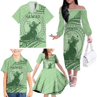 Personalised Hawaii Monk Seal Family Matching Off The Shoulder Long Sleeve Dress and Hawaiian Shirt Polynesian Tattoo With Tropical Flowers - Green Pastel LT14 - Polynesian Pride