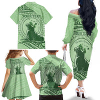 Personalised Hawaii Monk Seal Family Matching Off The Shoulder Long Sleeve Dress and Hawaiian Shirt Polynesian Tattoo With Tropical Flowers - Green Pastel LT14 - Polynesian Pride
