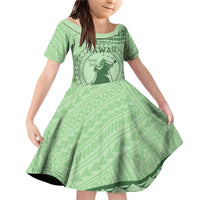 Personalised Hawaii Monk Seal Family Matching Off Shoulder Short Dress and Hawaiian Shirt Polynesian Tattoo With Tropical Flowers - Green Pastel LT14 Daughter's Dress Green - Polynesian Pride
