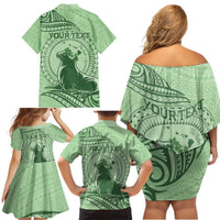 Personalised Hawaii Monk Seal Family Matching Off Shoulder Short Dress and Hawaiian Shirt Polynesian Tattoo With Tropical Flowers - Green Pastel LT14 - Polynesian Pride