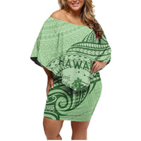 Personalised Hawaii Monk Seal Family Matching Off Shoulder Short Dress and Hawaiian Shirt Polynesian Tattoo With Tropical Flowers - Green Pastel LT14 Mom's Dress Green - Polynesian Pride
