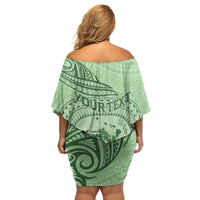 Personalised Hawaii Monk Seal Family Matching Off Shoulder Short Dress and Hawaiian Shirt Polynesian Tattoo With Tropical Flowers - Green Pastel LT14 - Polynesian Pride