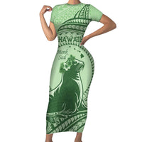 Personalised Hawaii Monk Seal Family Matching Short Sleeve Bodycon Dress and Hawaiian Shirt Polynesian Tattoo With Tropical Flowers - Green Pastel LT14 Mom's Dress Green - Polynesian Pride