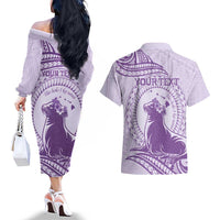 Personalised Hawaii Monk Seal Couples Matching Off The Shoulder Long Sleeve Dress and Hawaiian Shirt Polynesian Tattoo With Tropical Flowers - Purple Pastel LT14 - Polynesian Pride