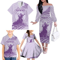 Personalised Hawaii Monk Seal Family Matching Off The Shoulder Long Sleeve Dress and Hawaiian Shirt Polynesian Tattoo With Tropical Flowers - Purple Pastel LT14 - Polynesian Pride