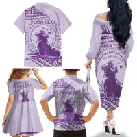 Personalised Hawaii Monk Seal Family Matching Off The Shoulder Long Sleeve Dress and Hawaiian Shirt Polynesian Tattoo With Tropical Flowers - Purple Pastel LT14 - Polynesian Pride