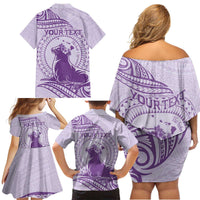 Personalised Hawaii Monk Seal Family Matching Off Shoulder Short Dress and Hawaiian Shirt Polynesian Tattoo With Tropical Flowers - Purple Pastel LT14 - Polynesian Pride