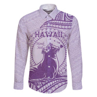 Personalised Hawaii Monk Seal Family Matching Off Shoulder Short Dress and Hawaiian Shirt Polynesian Tattoo With Tropical Flowers - Purple Pastel LT14 Dad's Shirt - Long Sleeve Purple - Polynesian Pride