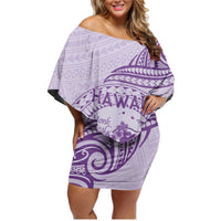 Personalised Hawaii Monk Seal Family Matching Off Shoulder Short Dress and Hawaiian Shirt Polynesian Tattoo With Tropical Flowers - Purple Pastel LT14 Mom's Dress Purple - Polynesian Pride