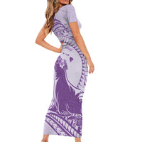 Personalised Hawaii Monk Seal Family Matching Short Sleeve Bodycon Dress and Hawaiian Shirt Polynesian Tattoo With Tropical Flowers - Purple Pastel
