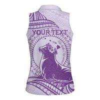 Personalised Hawaii Monk Seal Women Sleeveless Polo Shirt Polynesian Tattoo With Tropical Flowers - Purple Pastel