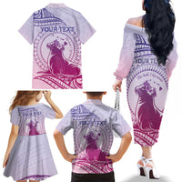 Personalised Hawaii Monk Seal Family Matching Off The Shoulder Long Sleeve Dress and Hawaiian Shirt Polynesian Tattoo With Tropical Flowers - Purple Gradient LT14 - Polynesian Pride