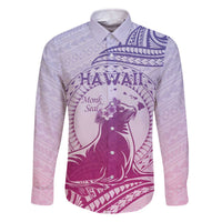 Personalised Hawaii Monk Seal Family Matching Off The Shoulder Long Sleeve Dress and Hawaiian Shirt Polynesian Tattoo With Tropical Flowers - Purple Gradient LT14 Dad's Shirt - Long Sleeve Purple - Polynesian Pride