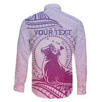 Personalised Hawaii Monk Seal Family Matching Off The Shoulder Long Sleeve Dress and Hawaiian Shirt Polynesian Tattoo With Tropical Flowers - Purple Gradient LT14 - Polynesian Pride